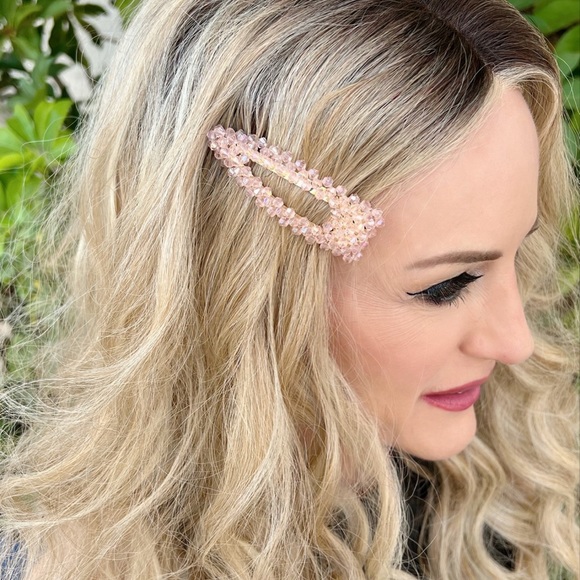 Light Pink Allover Faceted Bead Preppy Classic 3" Metal Snap Clip Hair Barrette - Picture 1 of 4